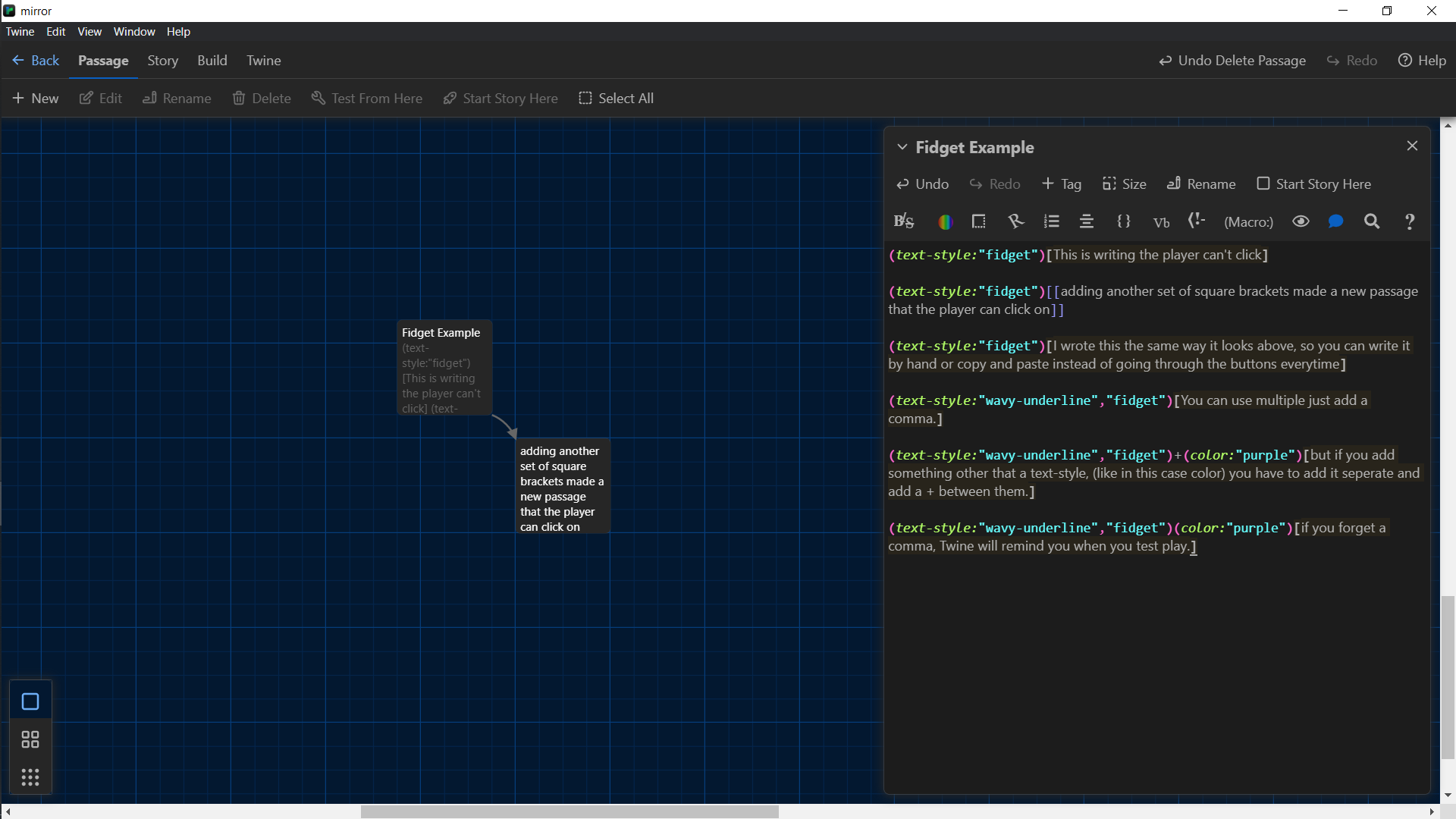 Fidget Text in Twine Interactive Storytelling Summer 2022